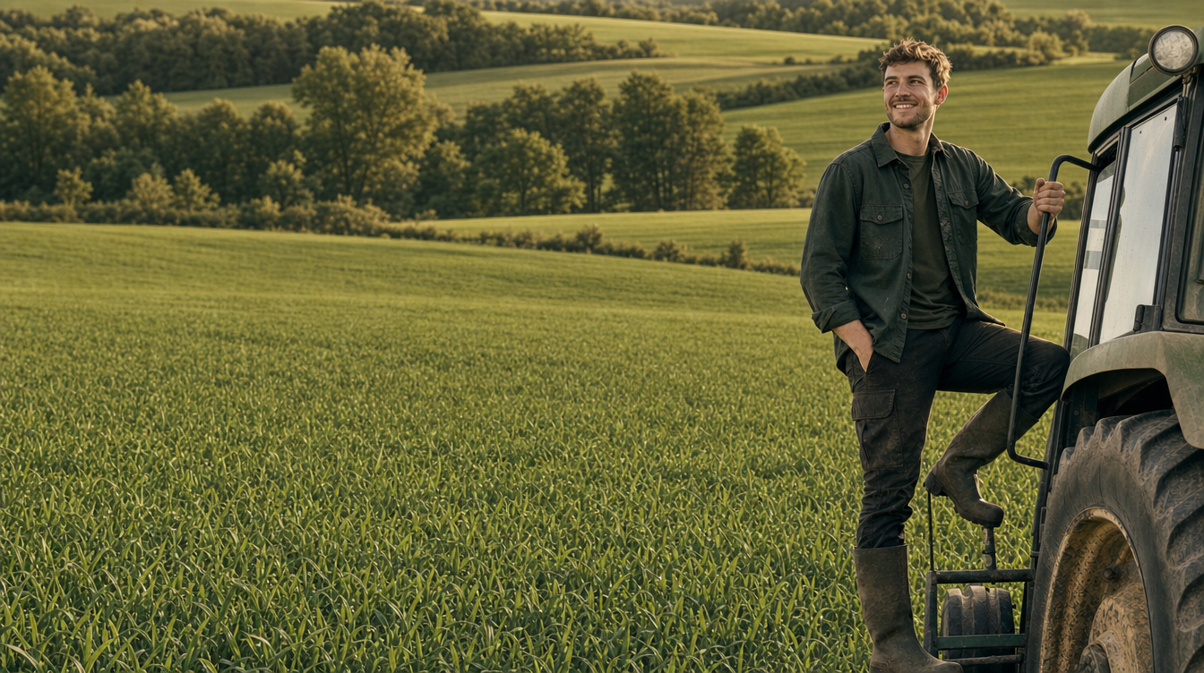 Landwirt auf einem Traktor in einem grünen Feld