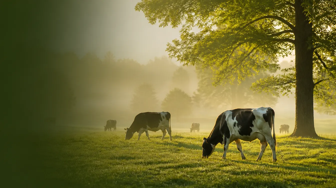 Kühe auf einer nebligen Weide im Morgenlicht