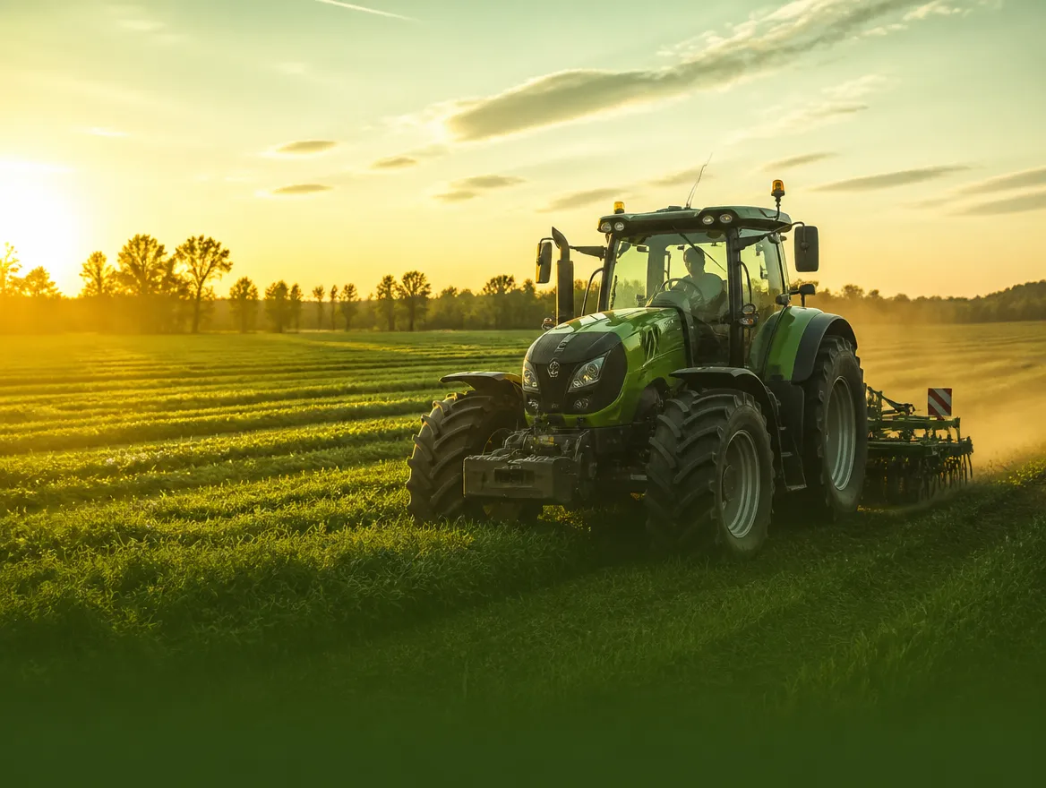 Traktor bei der Feldarbeit im Abendlicht