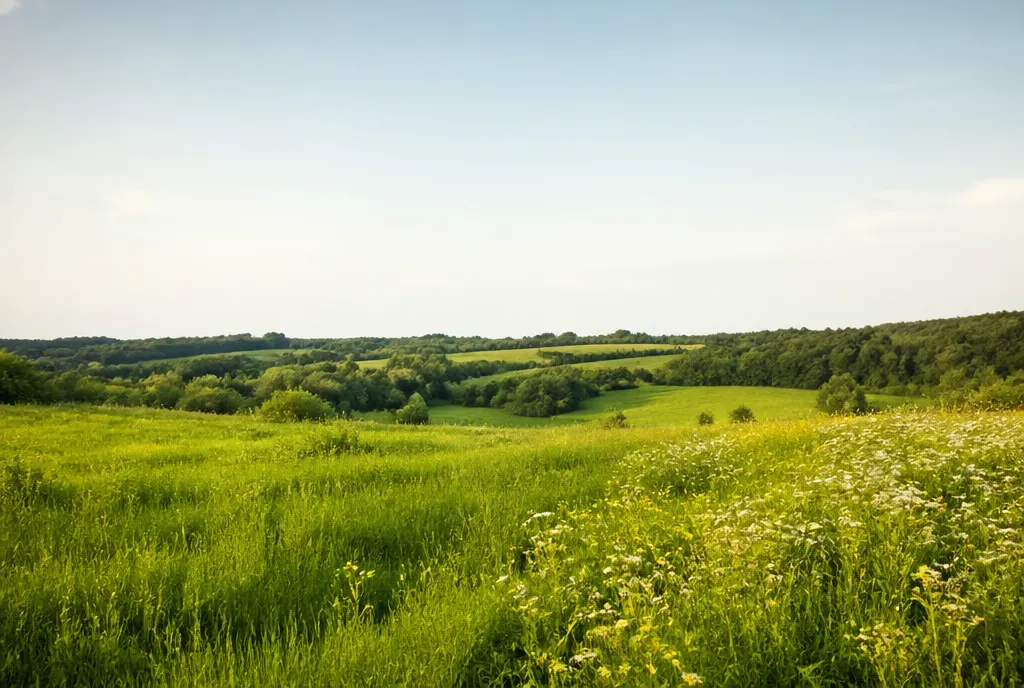 Grüne Blumenwiese unter klarem Himmel