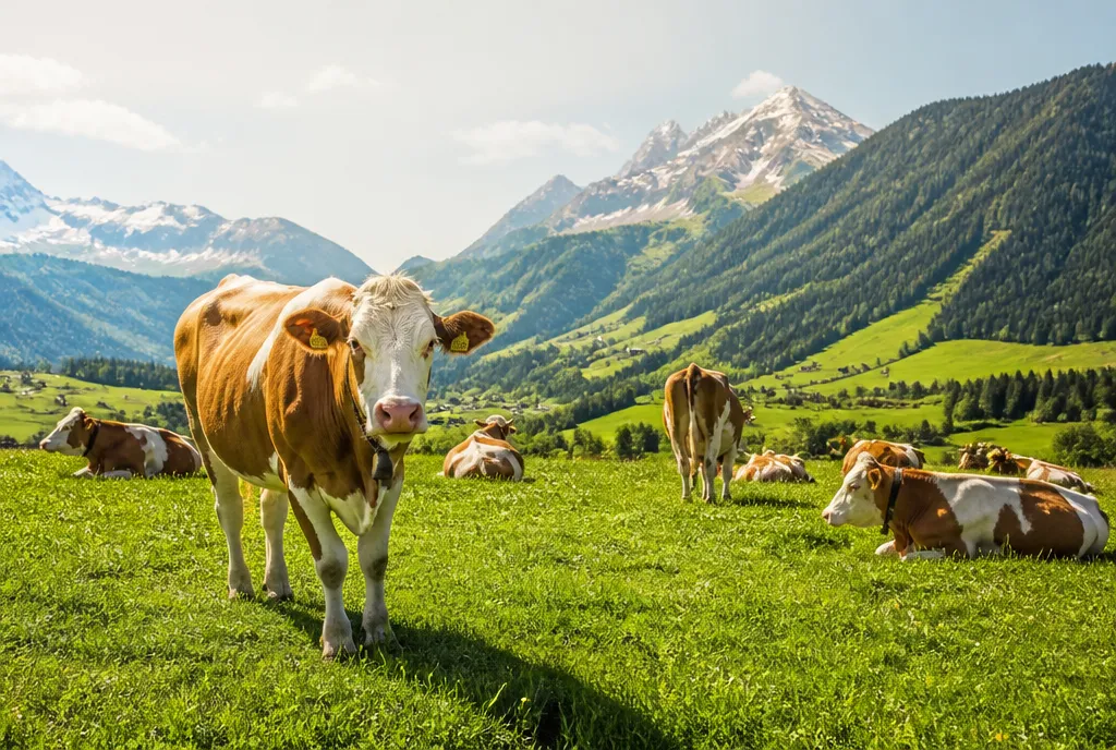 Kühe auf einer Alpweide vor Bergkulisse